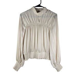 FRAME Denim 100% Silk Smocked Long-Sleeve Jacquard Cream Top - M Capsule Career